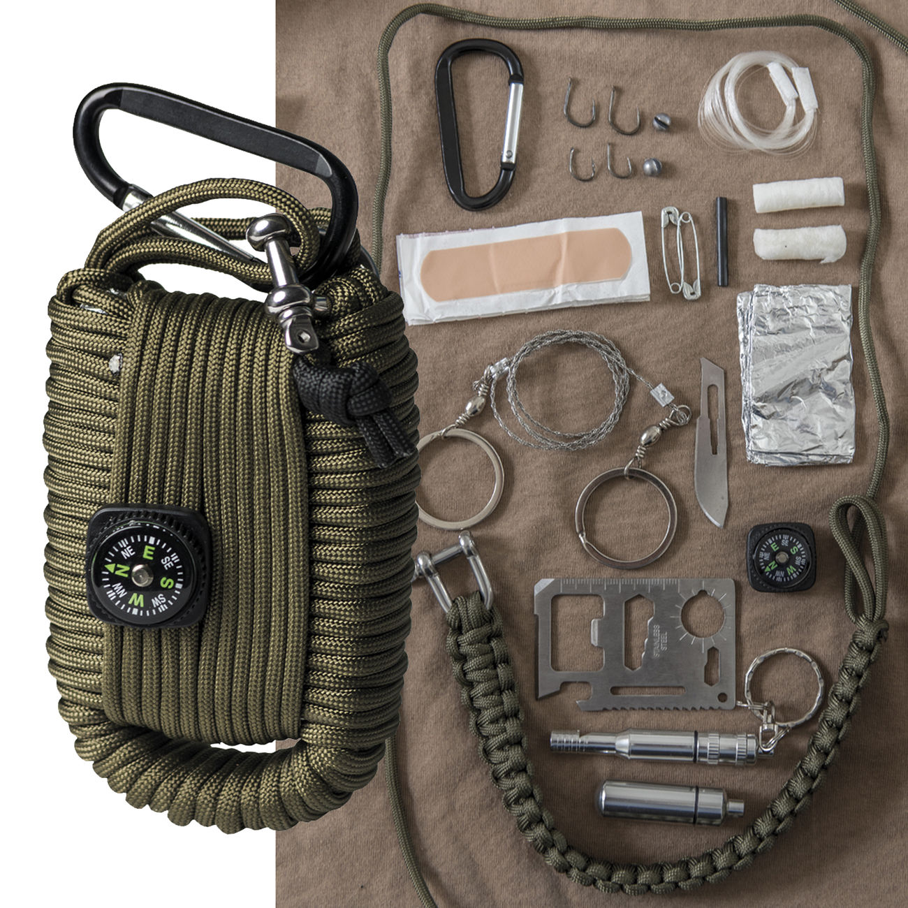 Survival Kit, 17 tlg. mit Paracord-Seil, large oliv kaufen