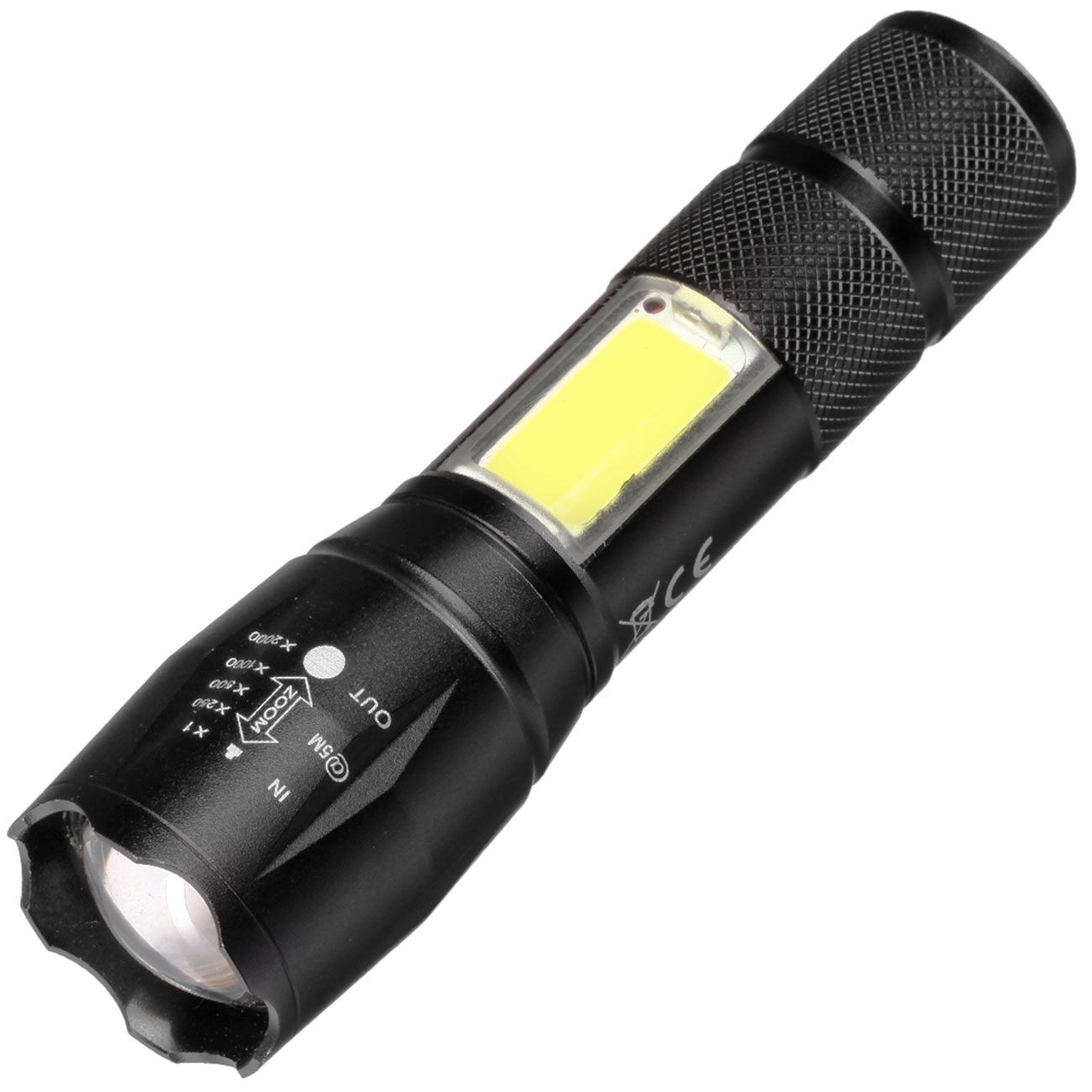 LED-Taschenlampe 2 in 1 mit Zoom und COB LED schwarz inkl. Ladekabel und Lanyard