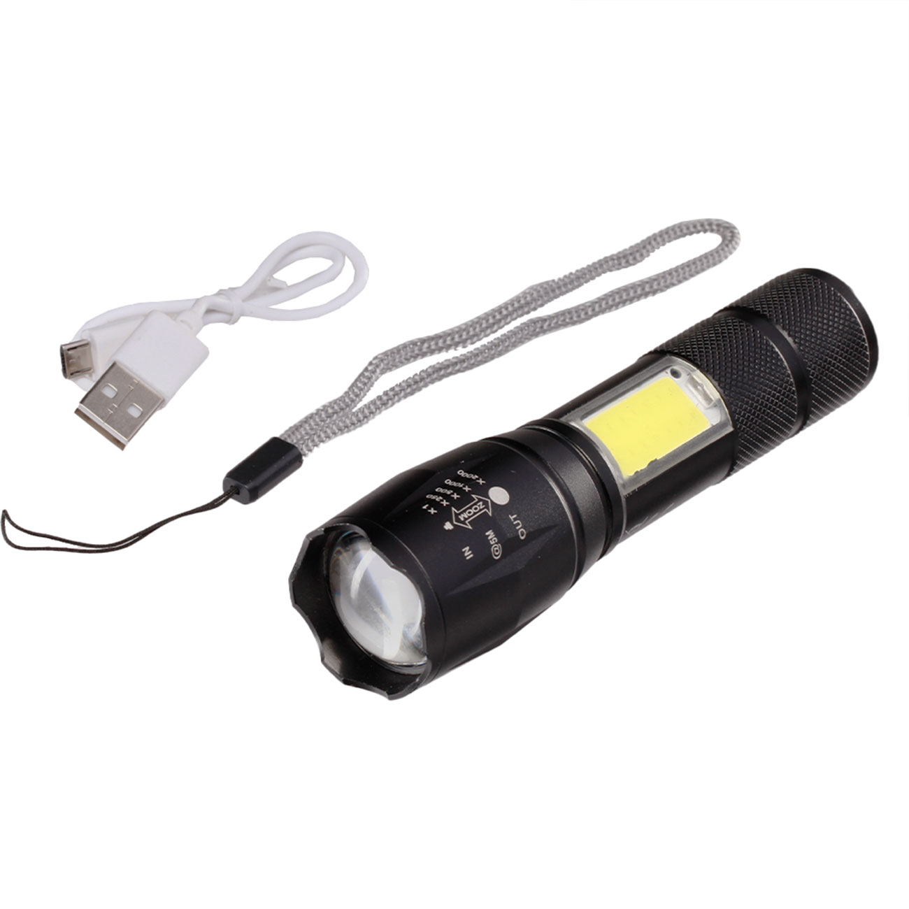 LED-Taschenlampe 2 in 1 mit Zoom und COB LED schwarz inkl. Ladekabel und Lanyard Bild 4