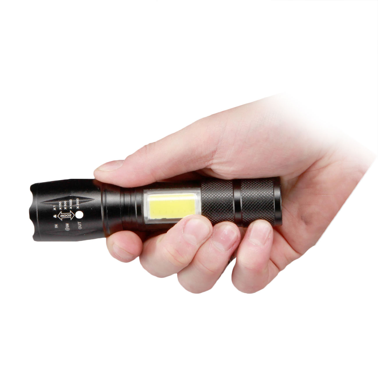 LED-Taschenlampe 2 in 1 mit Zoom und COB LED schwarz inkl. Ladekabel und Lanyard Bild 8