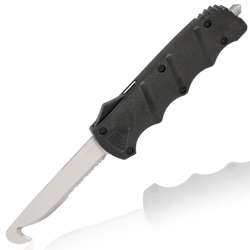 Böker Plus Rettungsmesser Rescue OTF 2.0 D2 Stahl schwarz inkl. Gürtelclip,  Glasbrecher und Messertasche kaufen