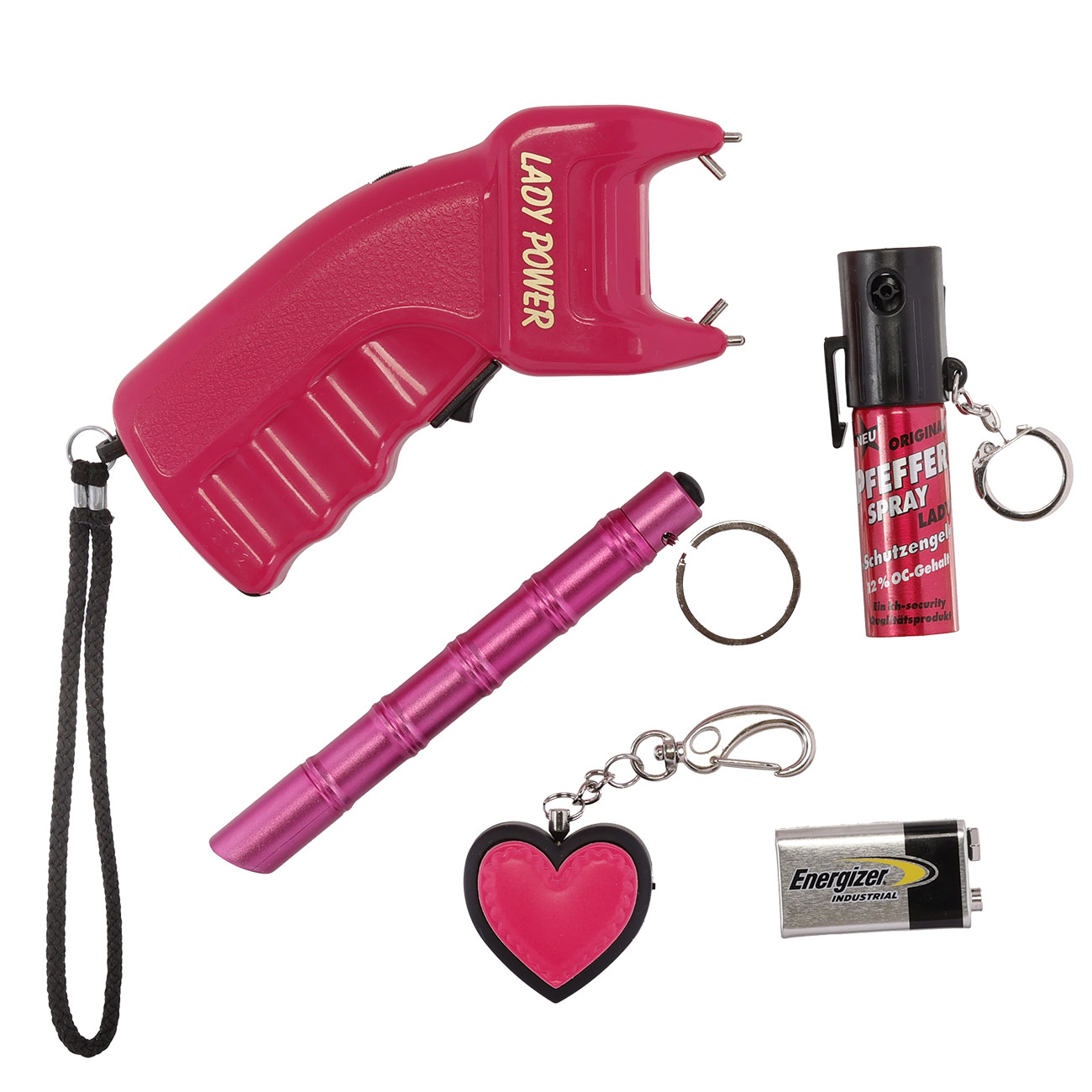 Lady Defense Set pink Elektroschocker, Kubotan mit LED Lampe, Pfefferspray und Schutzalarm inkl. Geschenkverpackung Bild 1