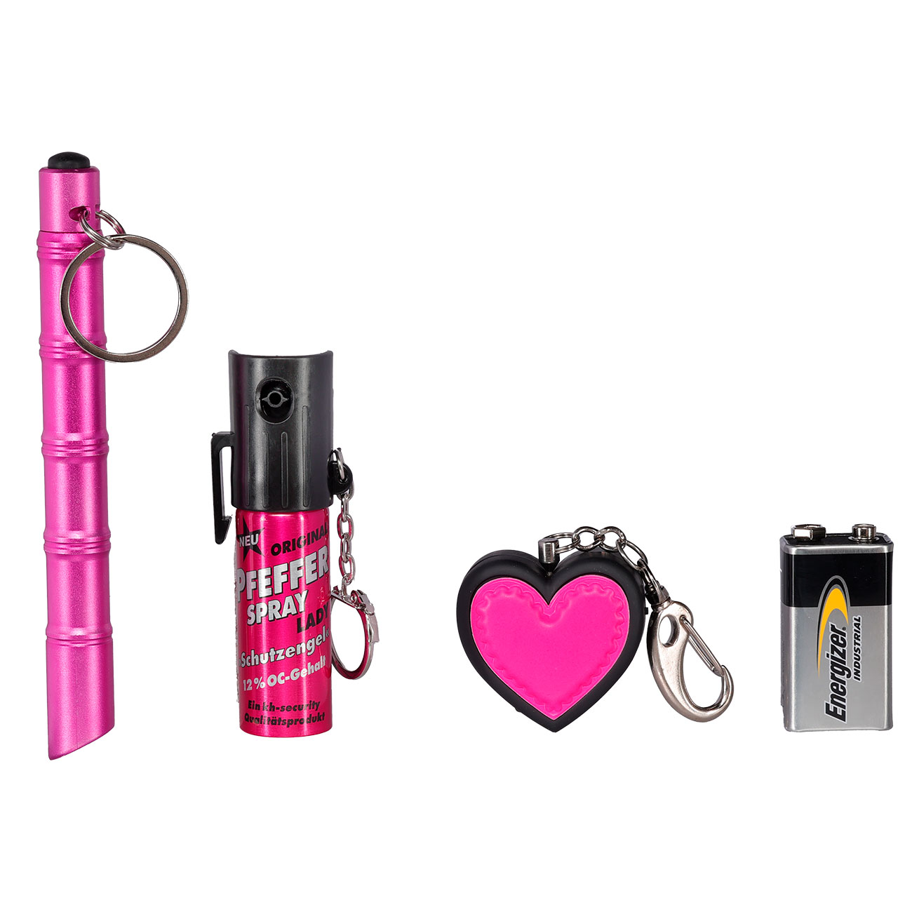 Lady Defense Set pink Elektroschocker, Kubotan mit LED Lampe, Pfefferspray und Schutzalarm inkl. Geschenkverpackung Bild 6