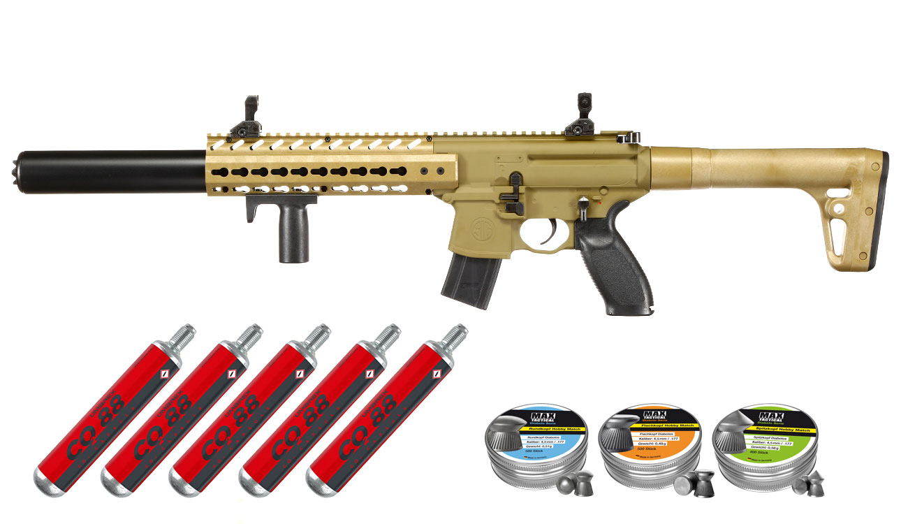 Sig Sauer MCX CO2 Luftgewehr Set 4,5 mm + 5 x 88 g CO2 Kartuschen + 3 Dosen Max Tactical Diabolos Kal. 4,5mm FDE