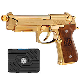 G&G GPM92 GP2 Airsoftpistole Vollmetall GBB 6mm BB Gold-Chrome inkl. Pistolenkoffer - Walnussholz Limited Edition