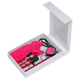 Lady Defense Set pink Elektroschocker, Kubotan mit LED Lampe, Pfefferspray und Schutzalarm inkl. Geschenkverpackung