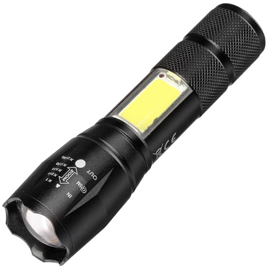 LED-Taschenlampe 2 in 1 mit Zoom und COB LED schwarz inkl. Ladekabel und Lanyard