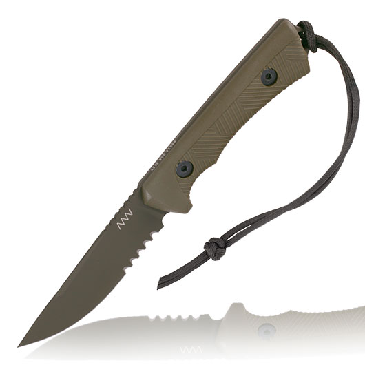 ANV Knives Outdoormesser P200 mit Sgezahnung Sleipner Stahl Cerakote oliv inkl. Kydexscheide