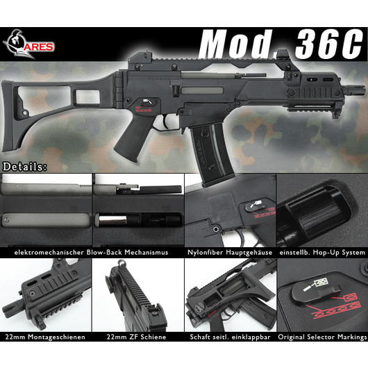 Versandrcklufer Ares Mod. 36C EBB Blowback S-AEG 6mm BB schwarz