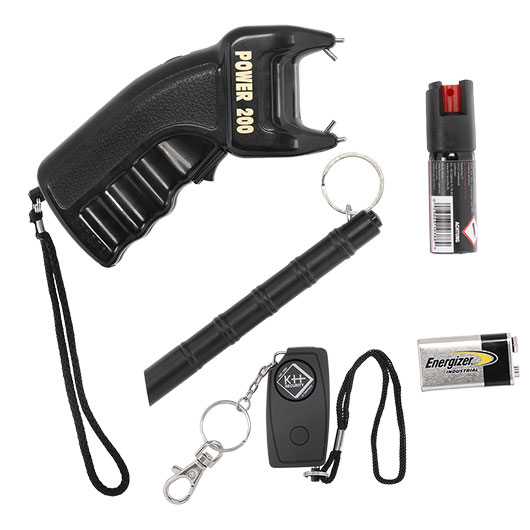 Lady Defense Set schwarz Elektroschocker, Kubotan mit LED Lampe, Pfefferspray und Schutzalarm inkl. Geschenkverpackung Bild 1