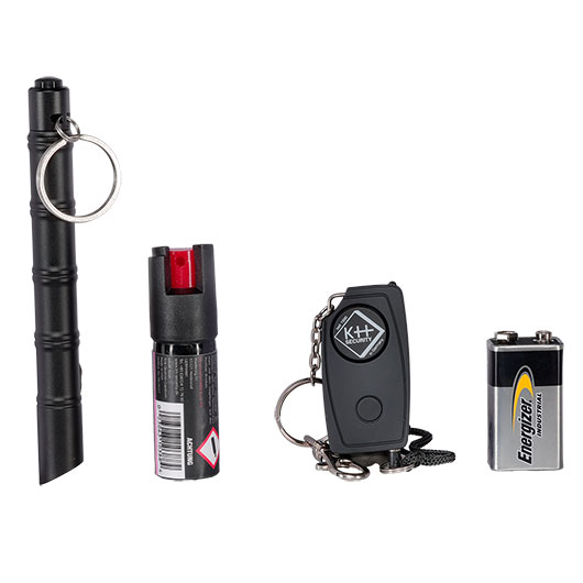 Lady Defense Set schwarz Elektroschocker, Kubotan mit LED Lampe, Pfefferspray und Schutzalarm inkl. Geschenkverpackung Bild 6